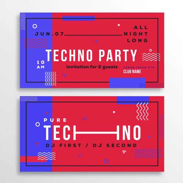 Techno gece parti kulüp davetiye veya Flyer şablonu. Modern soyut düz İsviçre tarzı arka plan dekoratif çizgili Zig-Zags ve tipografi. Kırmızı, mavi renkler. Yumuşak gerçekçi gölgeler. — Stok Vektör