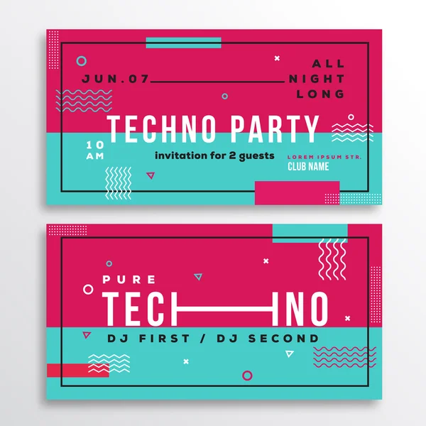 Night Techno Party Club Invitation Card or Flyer Template. Modern Abstract Flat Swiss Style Background with Decorative Stripes, Zig-Zags and Typography. Pink, Blue Colors. Soft Realistic Shadows. — Stock Vector