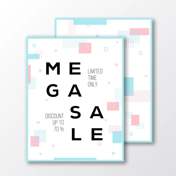 Mega Sale seizoen Poster, kaart of Flyer-sjabloon. Moderne abstracte platte Zwitserse stijl achtergrond met decoratieve strepen, zigzag en creatieve typografie. Roze, Mint kleuren. Zachte realistische schaduwen. — Stockvector