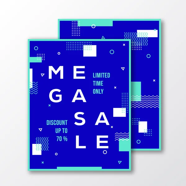 Mega Sale seizoen Poster, kaart of Flyer-sjabloon. Moderne abstracte plat Zwitserse stijl achtergrond met decoratieve strepen, zigzag, minimale typografie. Witte, blauwe kleuren. Zachte realistische schaduwen. — Stockvector
