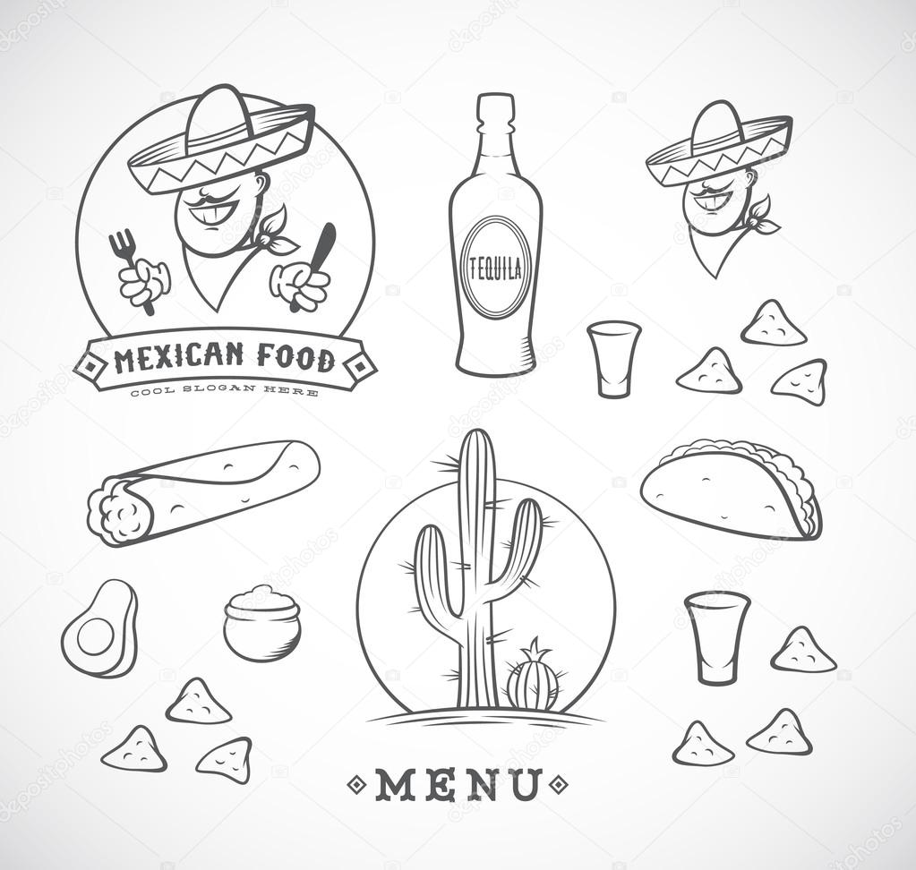 Mexican Food Vector Illustrations Set with Logo Template for Restaurant Menu, Cafe, Meal Delivery. Smiling Man in Traditional Sombrero, Tacos, Burritos, Tequila, etc. Isolated.