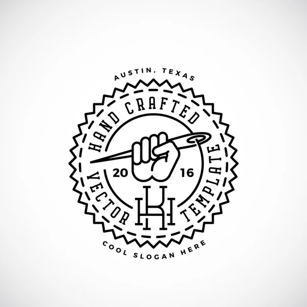 Handgefertigte abstrakte Retro-Vektor-Logo-Vorlage. Faust mit Nadelsymbol, Faden und Vintage-Typografie. — Stockvektor