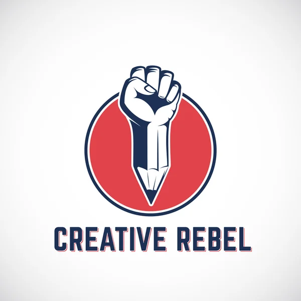 Modèle de signe vectoriel abstrait, symbole, icône ou logo Creative Rebel. Revolution Fist mélangé avec un concept de crayon dans Red Circle. Main émeute stylisée . — Image vectorielle