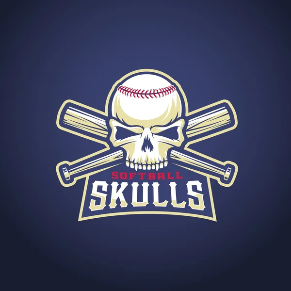 棒球团队标志模板。头骨和交叉的蝙蝠标志。垒球头概念。体育会徽与保费排版. — 图库矢量图片