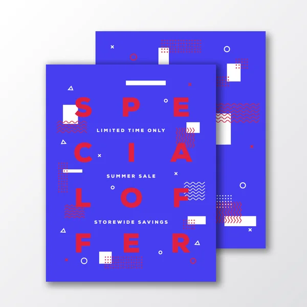 Sonderangebot Verkauf Poster, Karte oder Flyer Vorlage. modernen abstrakten flachen Schweizer Stil Hintergrund mit dekorativen Streifen, Zick-Zack und minimale Typografie. leuchtend rote blaue Farben. weiche Schatten. — Stockvektor