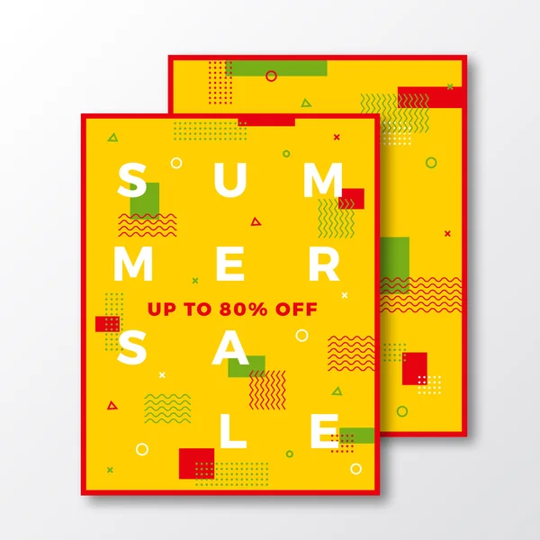 Zomer verkoop Poster, kaart of Flyer-sjabloon. Moderne abstracte platte Zwitserse stijl achtergrond met decoratieve strepen, zigzag en minimale typografie. Helder rood geel groen kleuren. Zachte schaduwen. — Stockvector