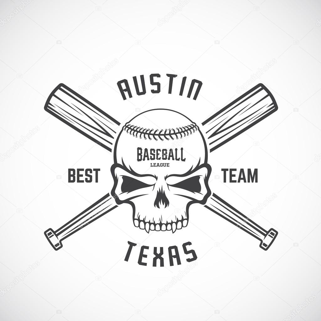 Hand Drawn Baseball Team Logo Template. Skull and Crossed Bats Sign. Ball Head Concept. Sport Emblem with Premium Typography. Isolated.
