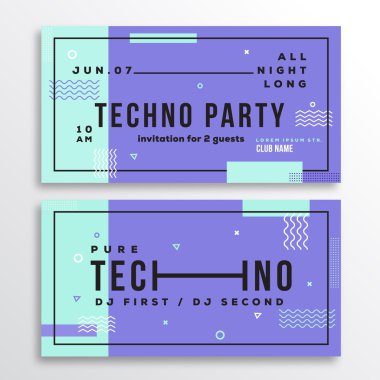 Gece Techno partinin kulüp davetiye veya Flyer şablonu. Modern Daire İsviçre tarzı arka plan dekoratif öğeler ve tipografi ile. Nane, mor renkler. Yumuşak gerçekçi gölgeler.