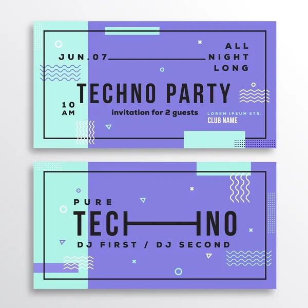 Ніч Techno Party Club Запрошення картка або флаєр шаблон. Сучасний абстрактний плоский швейцарський стиль фон з декоративними елементами та типографією. Монетний двір, фіолетові кольори. М'які реалістичні тіні . — стоковий вектор