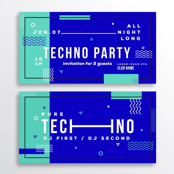 Night Techno Party Club Invitation Card or Flyer Template. Modern Abstract Flat Swiss Style Background with Decorative Elements and Typography. Mint, Blue Colors. Soft Realistic Shadows. — Stock Vector