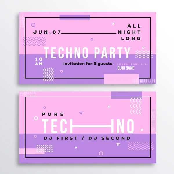 Night Techno Party Club Invitation Card or Flyer Template. Modern Abstract Flat Swiss Style Background with Decorative Elements and Typography. Pink, Violet Colors. Soft Realistic Shadows. — Stock Vector