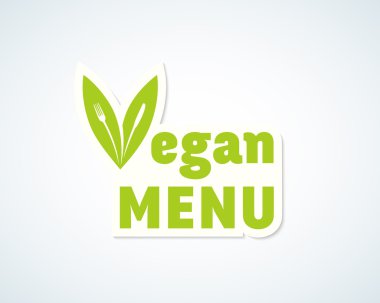Vejetaryen Menü vektör etiket, işaret veya amblem. Çatal ve bıçak içinde bir kavram yapraklar.