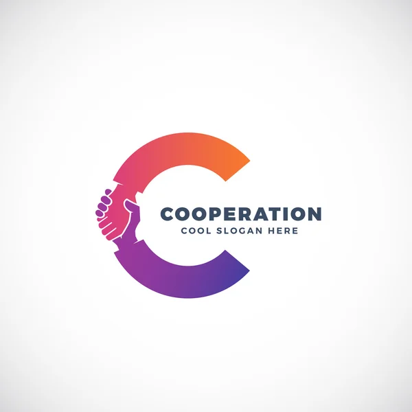 Cooperation Abstract Vector Sign, Symbol or Logo Template. Hand Shake Incorporated in Letter C Concept. — Stock Vector