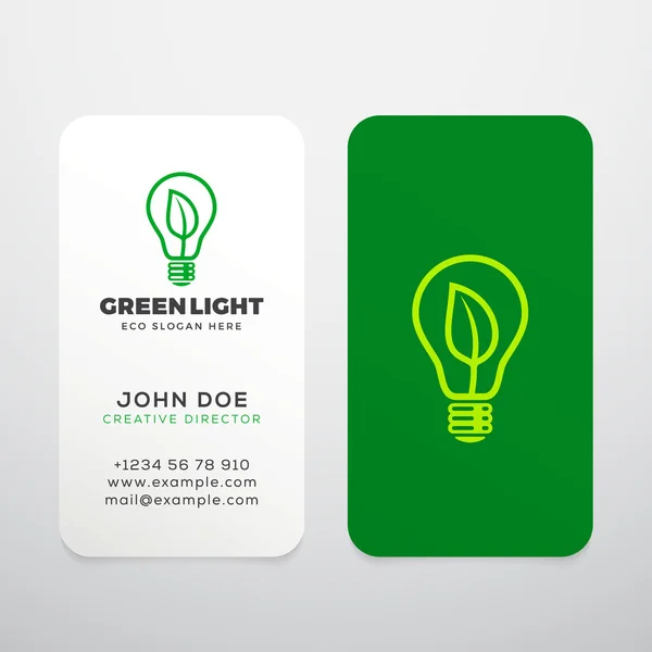 Green Light Vector Realistic Business Cards Template ou Mock Up. Conceito abstrato de lâmpada ecológica. Lâmpada com Símbolo de Folha e Tipografia . —  Vetores de Stock