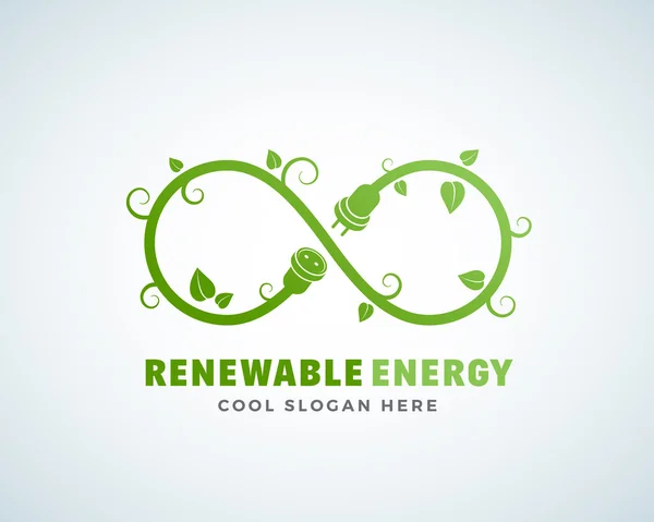 Plantilla de logotipo de vectores abstractos de energía renovable. Signo Infinito con Hojas, Brotes, Plug and Socket Concept. Verde, Eco Símbolo . — Vector de stock