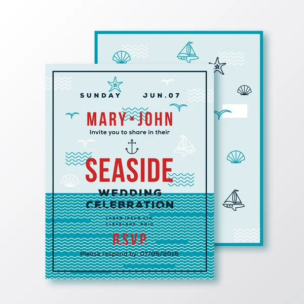 Sea Side Wedding Invitation Card or Ticket Template. Modern Typography and Nautical Symbols on Background. Red, Blue, Green, White Colors. — Stock Vector