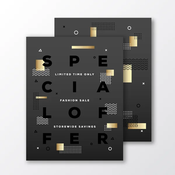 Offre spéciale Mode Vente Affiche, Carte ou Flyer Modèle. Fond abstrait moderne de style suisse plat avec des éléments décoratifs en or et une typographie minimale. Noir sur Gradient. Ombres douces . — Image vectorielle