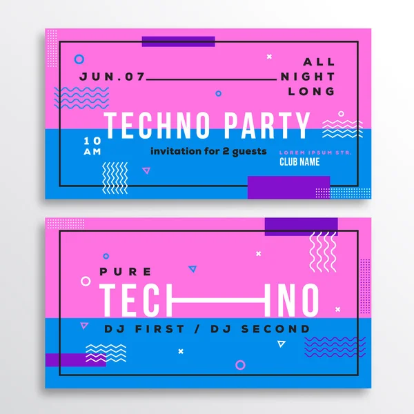 Gece Techno partinin kulüp davetiye veya Flyer şablonu. Modern Daire İsviçre tarzı arka plan dekoratif öğeler ve tipografi ile. Pembe, mavi renkler. Yumuşak gerçekçi gölgeler. — Stok Vektör