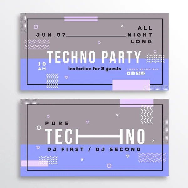 Ніч Techno Party Club Запрошення картка або флаєр шаблон. Сучасний абстрактний плоский швейцарський стиль фон з декоративними елементами та типографією. Рожеві, фіолетові кольори. М'які реалістичні тіні . — стоковий вектор