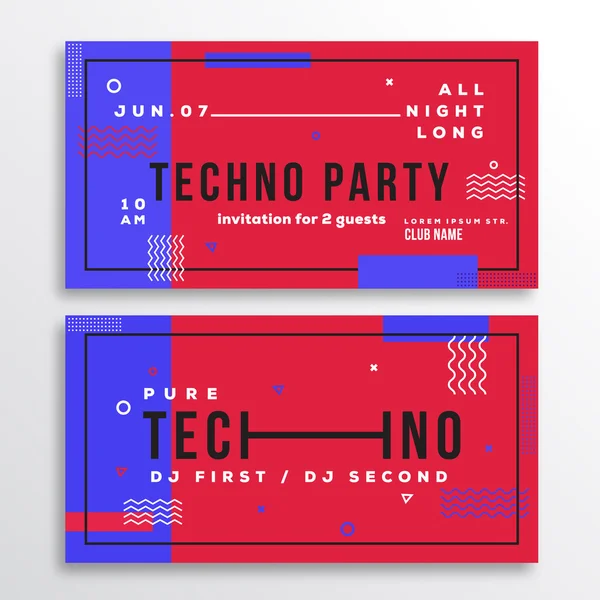 Ніч Techno Party Club Запрошення картка або флаєр шаблон. Сучасний абстрактний плоский швейцарський стиль фон з декоративними елементами та типографією. Червоні, сині кольори. М'які реалістичні тіні . — стоковий вектор