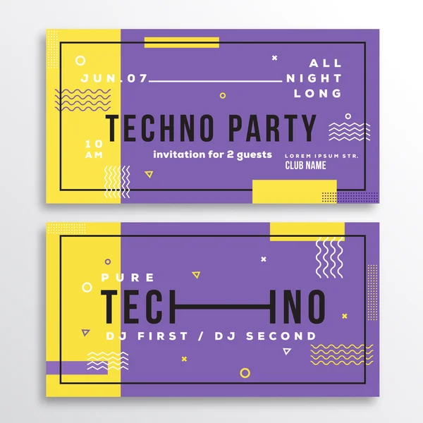 Gece Techno partinin kulüp davetiye veya Flyer şablonu. Modern Daire İsviçre tarzı arka plan dekoratif öğeler ve tipografi ile. Sarı, mor renkler. Yumuşak gerçekçi gölgeler. — Stok Vektör