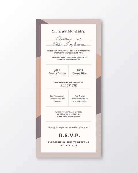 Modèle d'invitation de mariage vectoriel. Typographie moderne et couleurs pastel. Carte design chic avec ombre réaliste douce . — Image vectorielle