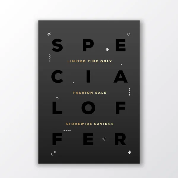 Offre spéciale Mode Vente Affiche, Carte ou Flyer Modèle. Modern Abstract Flat Swiss Style Background and Minimal Typography. Noir avec des éléments dorés. Ombres douces . — Image vectorielle