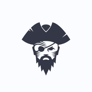 Korsan kafa vektör Logo şablonu soyut. Denizci yüz bir şapka resimde göz bandı ile. Corsair sembolü.