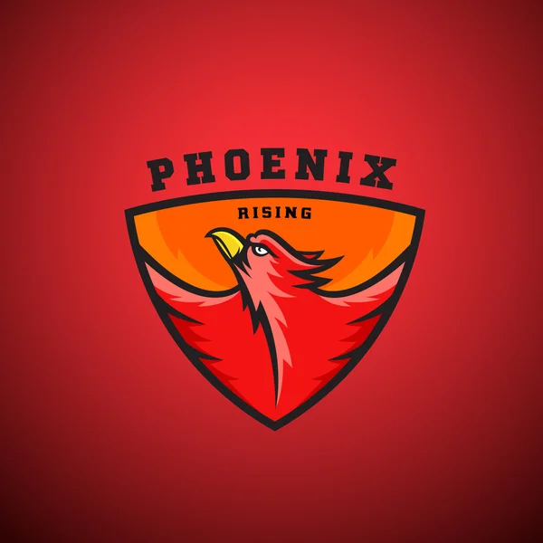 Phoenix Rising αφηρημένη πρότυπο λογότυπο του φορέα. Ιπτάμενα εικονογράφηση πουλί πυρκαγιάς σε μια ασπίδα. Ιδανικό για αθλητικές ομάδα εμβλήματα, Ετικέτες League, κλπ. — Διανυσματικό Αρχείο