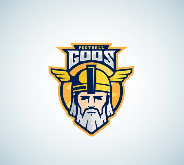 Dioses del fútbol Vector Deporte Equipo o Liga Logo Plantilla. Odin Face con tipografía. Poderosa cabeza de guerrero en una mascota de casco . — Vector de stock