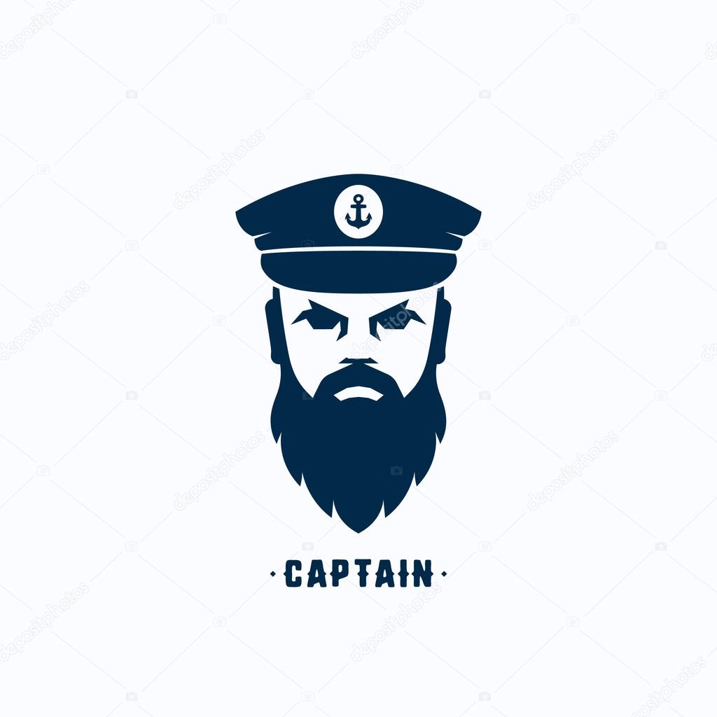 Captain Face Silhouette Vector Logo Template. Seafarer Symbol. Skipper in a Hat Emblem. Bearded Seaman Head Sign. Isolated.