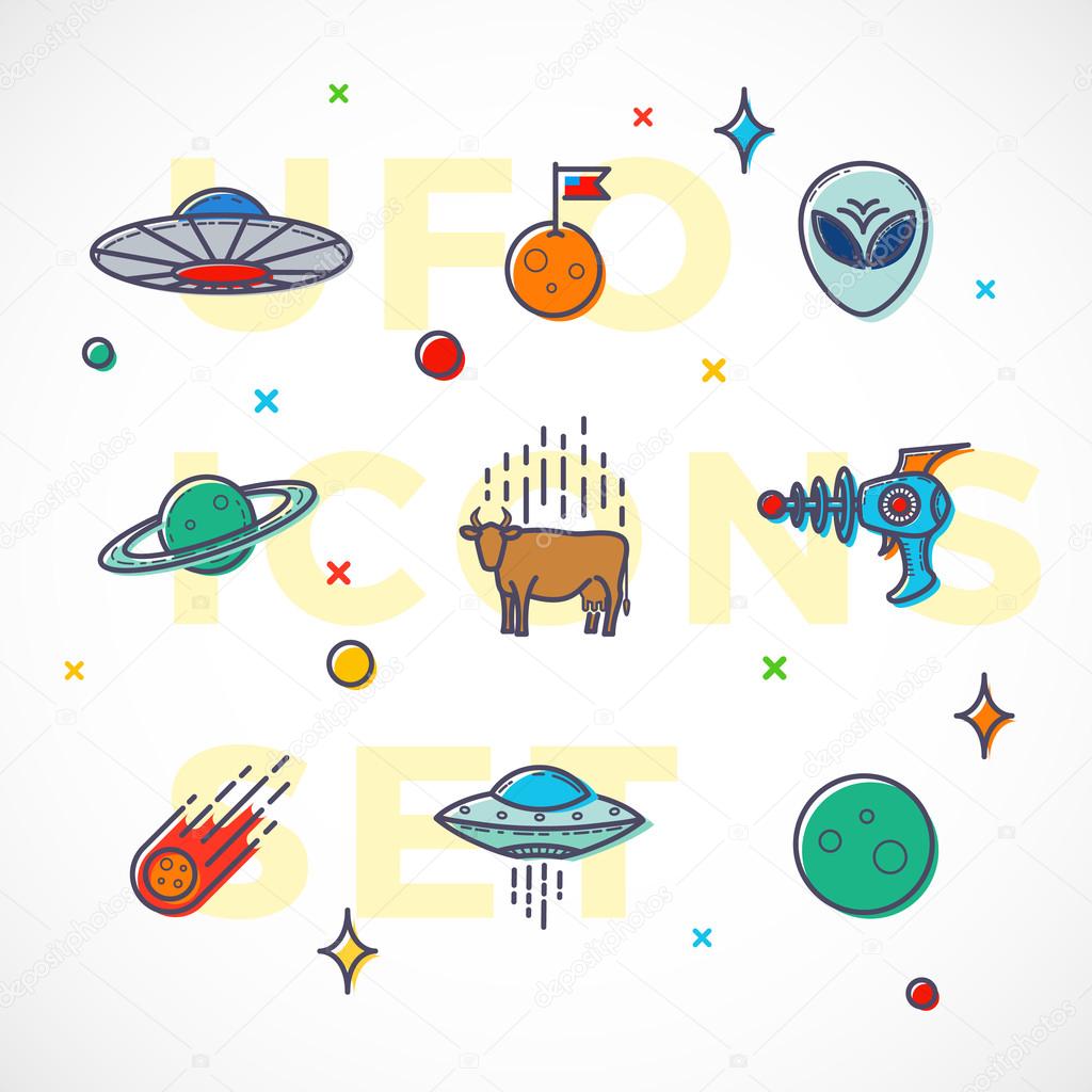 Outline Style Vector UFO or Alien Icons Set. Premium Space Symbols and Signs. Bright Colors.