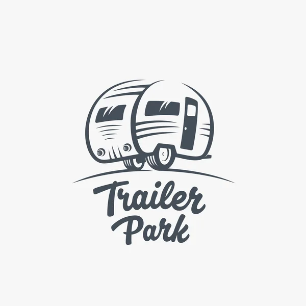 Römork veya Van Park vektör Logo şablonu. Siluet turizm simgesi. Retro tipografi etiketle.