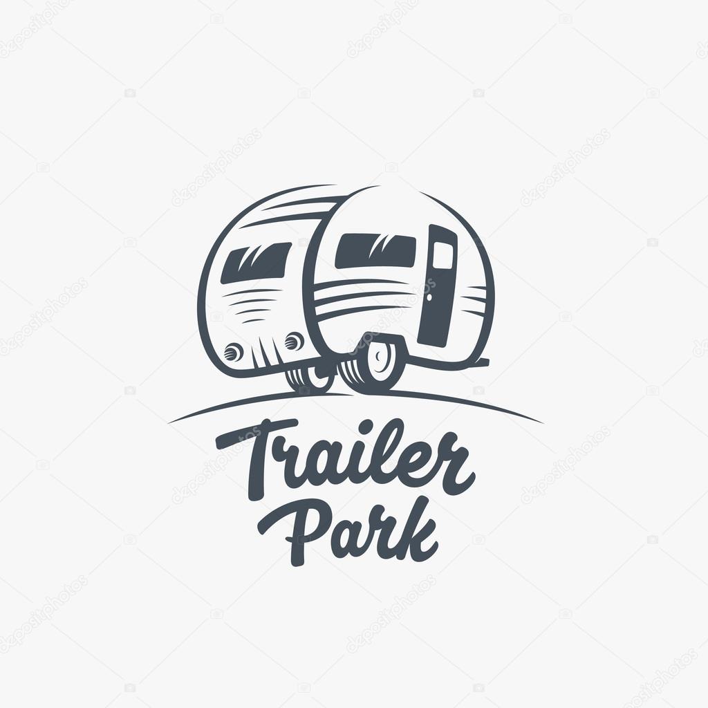 Trailer or Van Park Vector Logo Template. Silhouette Tourism Icon. Label with Retro Typography.