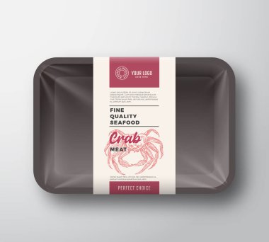 Birinci sınıf deniz ürünleri paketi. Soyut Vektör Plastik Tepsi Kutusu ve selofan kapağı. Paketleme Tasarım Etiketi. Renkli Elementlere sahip Modern Tipografi El Çizimi Yengeç Silueti.