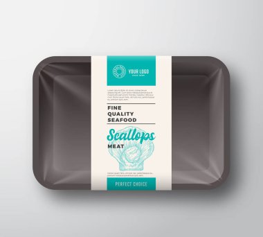 Premium Deniz Ürünleri Paketi Soyut Vektör Plastik Tepsi Konteynırı ve Selofan Kapaklı Paket Tasarımı Etiketi. Renkli Elementlerin Düzeni ile Modern Tipografi Elleri Neşter Yumuşak Silueti.