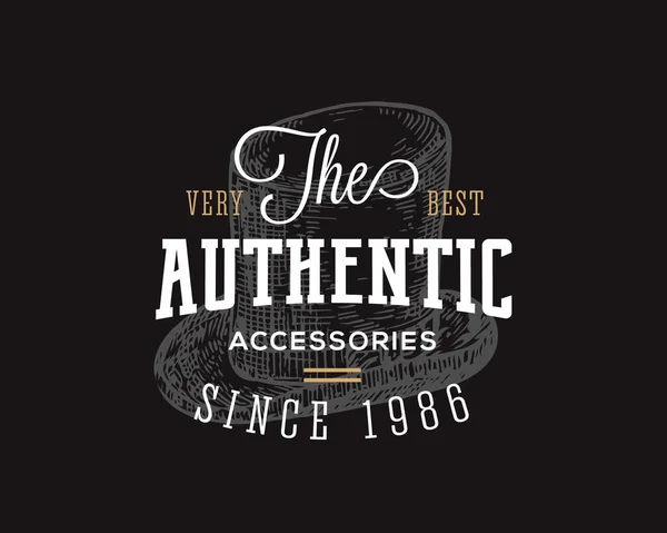 Boutique d'accessoires authentiques. Typographie rétro Signe vectoriel abstrait, symbole ou modèle de logo. Chapeau de cylindre vintage dessiné à la main emblème. Fond noir — Image vectorielle