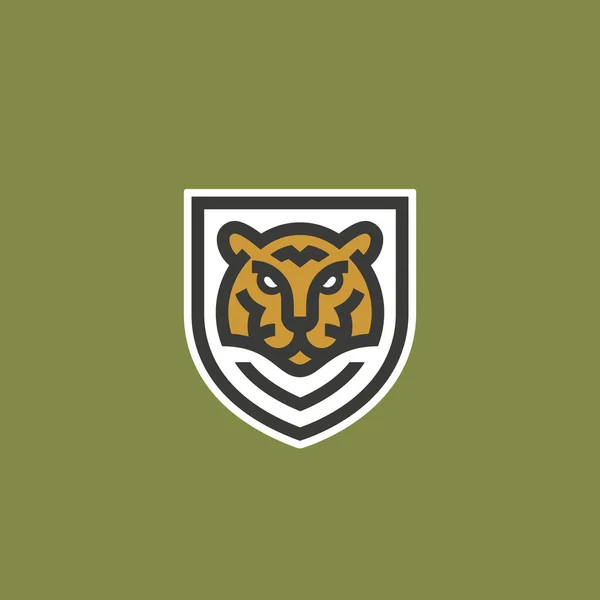Minimalistyczny styl linii Tiger Face Shield Abstrakcyjna ikona wektora, symbol lub szablon logo. Sillhouette Wild Animal Head Incorporated in a Shield Frame with Typography. Godło twórczego drapieżnika. — Wektor stockowy