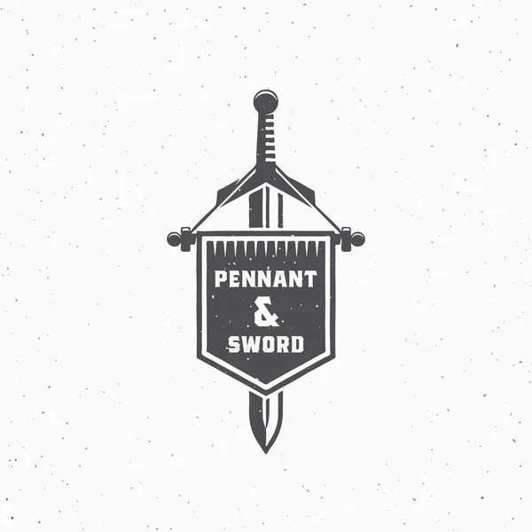Estilo retro Pennant y espada signo vectorial abstracto, símbolo o plantilla de logotipo. Emblema vintage con texturas Shabby y tipografía. — Vector de stock