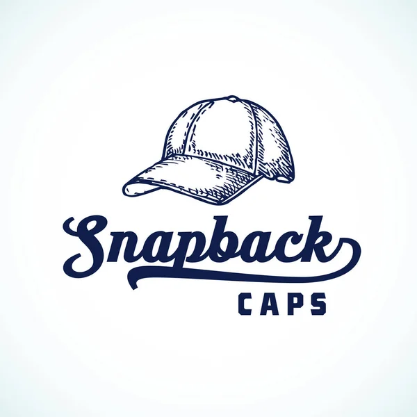 Snapback Caps Abstrakcyjny znak wektorowy, symbol lub szablon logo. Szkice kapeluszy Truckers Rysunek z Retro Typografia. Zabytkowe godło lub odznaka. — Wektor stockowy