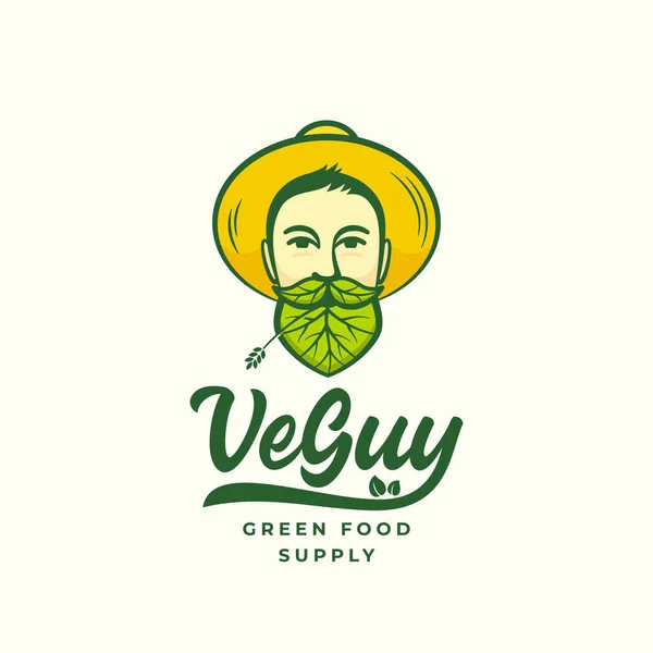 VeGuy Abstract Vector Sign, Symbol or Logo Template (em inglês). Homem Jovem de Chapéu de Jardineiro. Cara com folhas incorporadas na barba e no bigode. Vegan or Vegetarian Emblem Hipster Concept. — Vetor de Stock