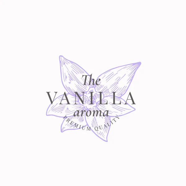 Das Vanille Aroma abstrakte Vektorzeichen, Symbol oder Logo-Vorlage. Elegante handgezeichnete Gewürzblumen-Skizze Sillhouette mit Retro-Typografie. Vintage Luxus Emblem. — Stockvektor