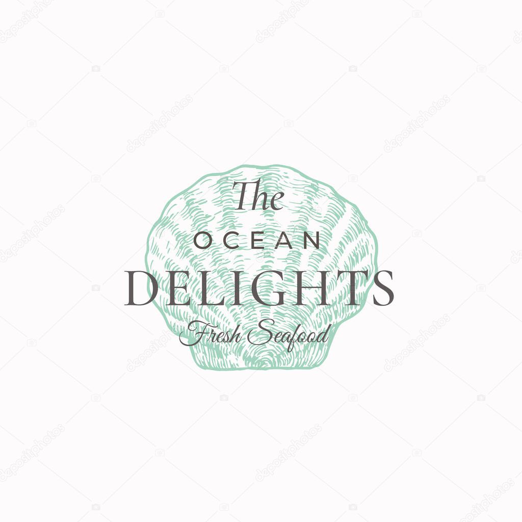 Ocean Delights Seafood Abstract Vector Sign, Symbol or Logo Template. Elegant Hand Drawn Scallop Shell Sillhouette Sketch with Classy Retro Typography. Vintage Luxury Emblem.
