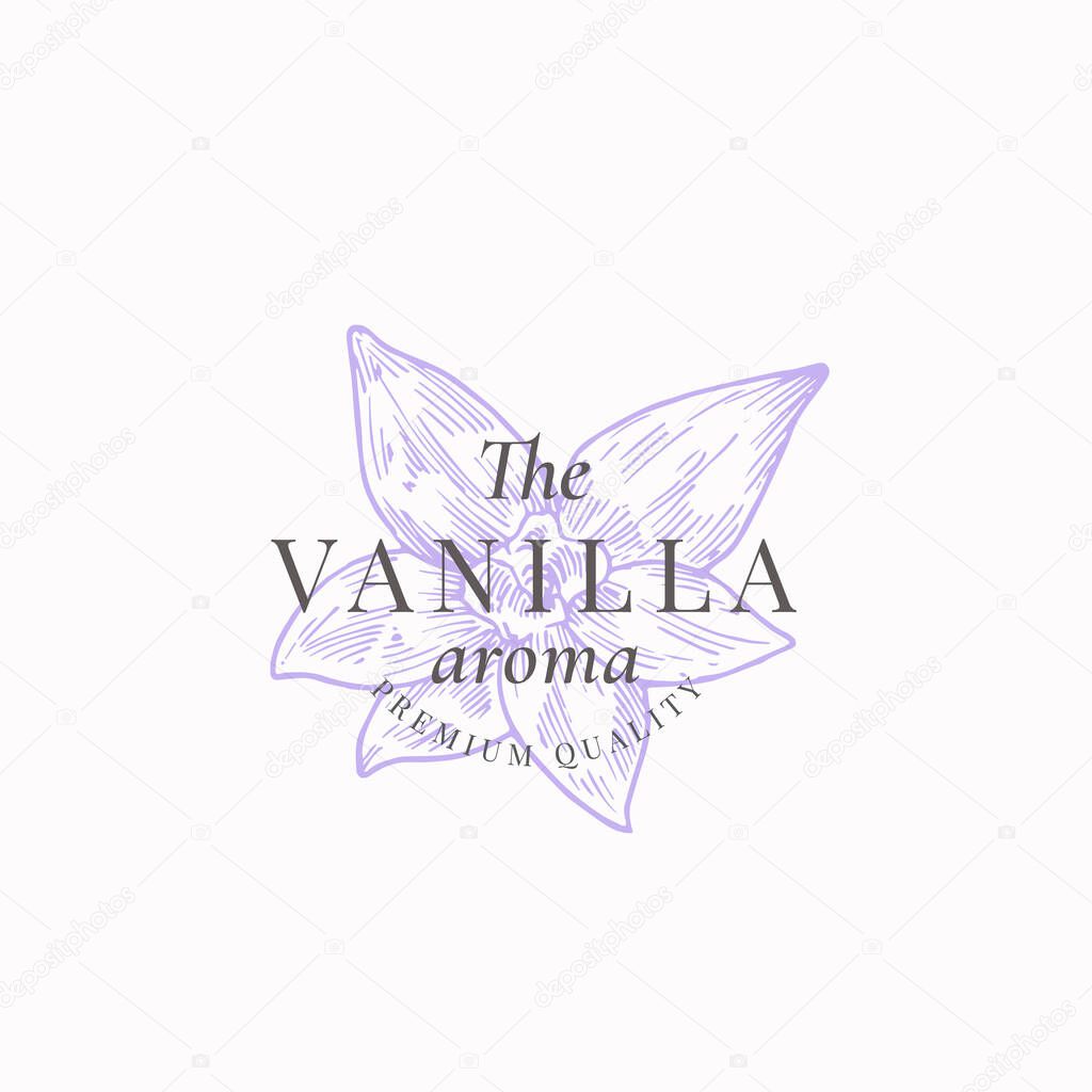 The Vanilla Aroma Abstract Vector Sign, Symbol or Logo Template. Elegant Hand Drawn Spice Flower Sketch Sillhouette with Retro Typography. Vintage Luxury Emblem.