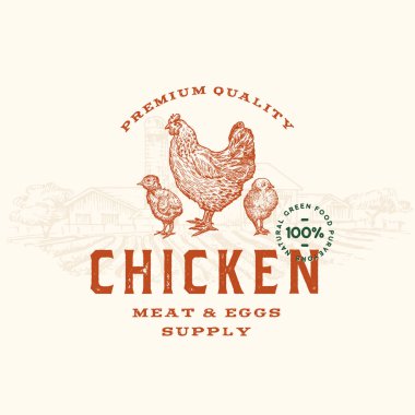 Birinci kalite tavuk eti ve yumurta soyut vektör işareti, sembol ya da logo şablonu. Retro Typography ile El Çizimi Hatunlar ve Hatunlar. Antika Kırsal Kümes Amblemi.