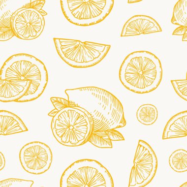 El Kaplama Limon, Portakal veya Mandalina Hasat Vektörü Kusursuz Arkaplan Deseni. Citrus ve Leaves Sketches Kart veya Kapak Şablonu