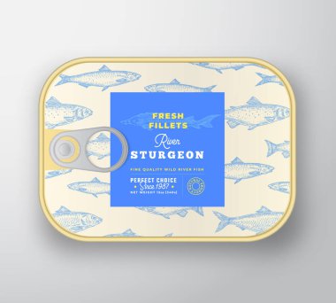 Konserve Balık etiketi şablonu. Etiket Kapaklı Soyut Vektör Alüminyum Kutusu. Paketleme Tasarımı. Modern Typography and Hand Drawn Sturgeon veya Beluga Siluet Arka plan Düzeni.