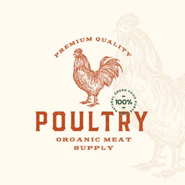 Premium Kaliteli Kümes hayvanları Soyut Vektör İşareti, Sembol veya Logo Şablonu. Retro Typography 'dan Hand Drawn Rooster Sillhouette. Klasik Rustik Amblem.
