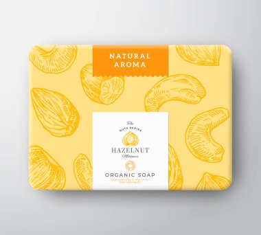 Fındıklı sabun karton kutu. Etiket Kapaklı Soyut Vektör Paketli Kağıt Kutusu. Paketleme Tasarımı. Modern Typography and Hand Drawn Nuts Arkaplan Deseni.