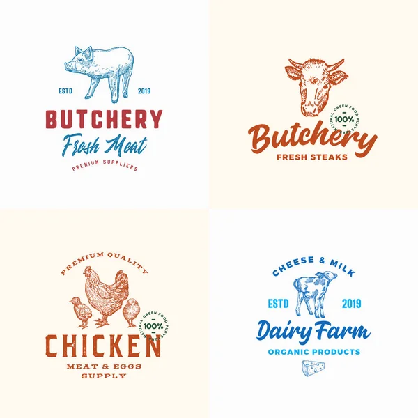 Farm kött, Fjäderfä och Mejeri Logos Set. Abstrakta vektortecken eller symboler mallar. Handritade husdjur och fåglar med Retro Typografi. Vintage Emblem. — Stock vektor